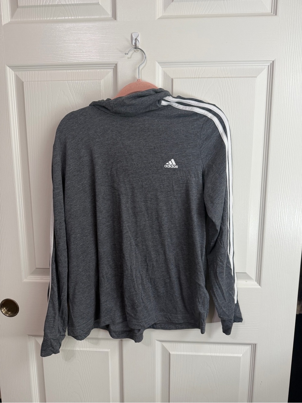 adidas woman’s Gray Crewneck Sweater with White Three-Stripes